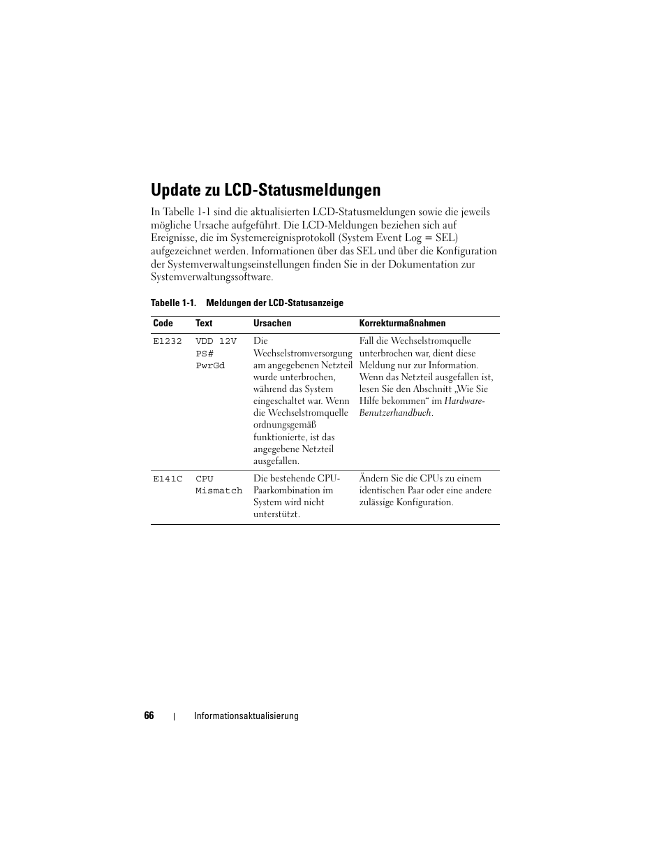 Update zu lcd-statusmeldungen | Dell PowerEdge 2970 User Manual | Page 66 / 138