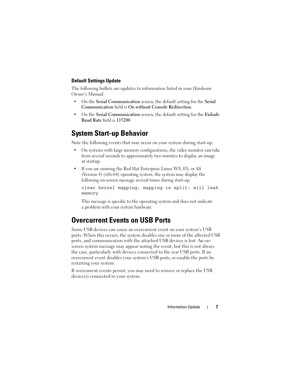 Default settings update, System start-up behavior, Overcurrent events on usb ports | Dell PowerEdge 2970 User Manual | Page 7 / 138