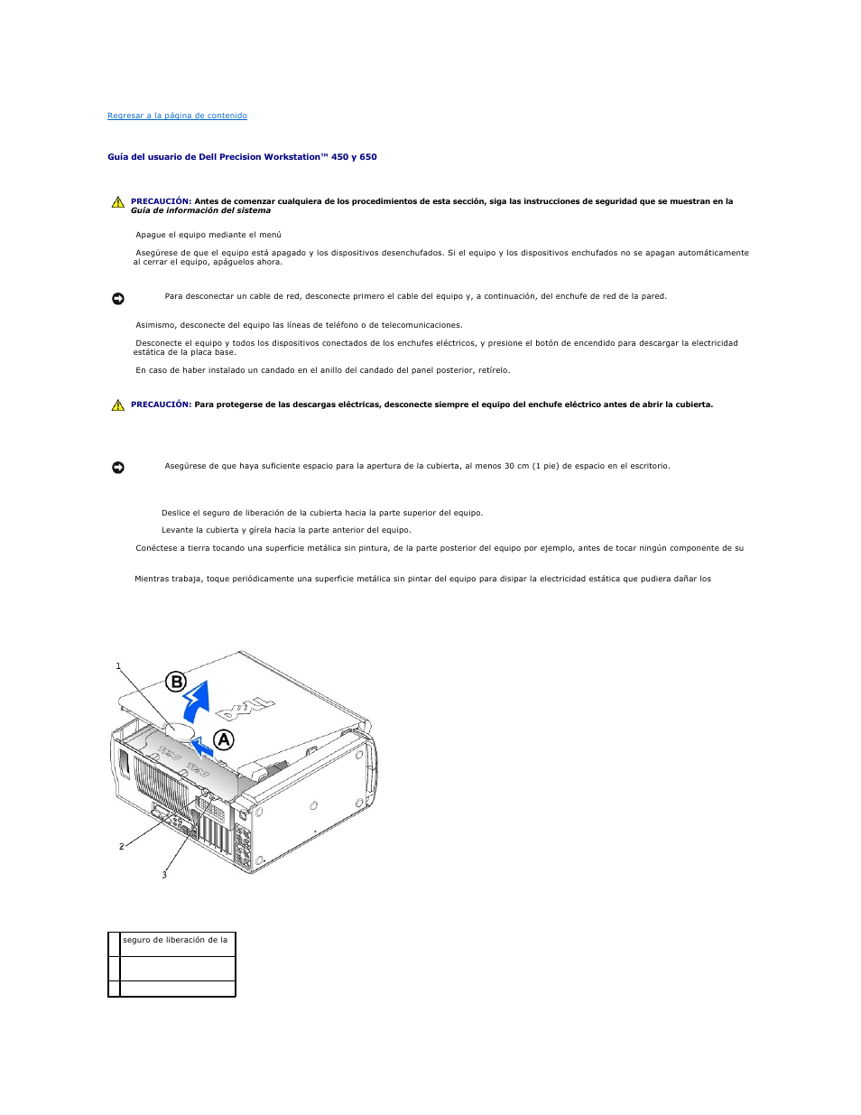 Apertura de la cubierta del equipo | Dell Precision 650 User Manual | Page 101 / 158