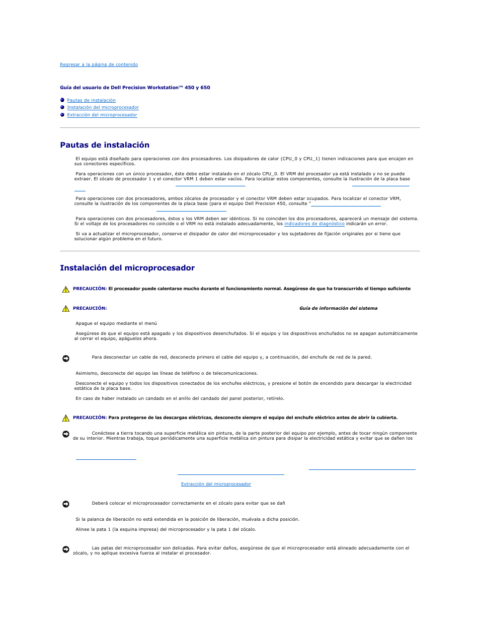 Microprocesador, Pautas de instalación, Instalación del microprocesador | Dell Precision 650 User Manual | Page 103 / 158