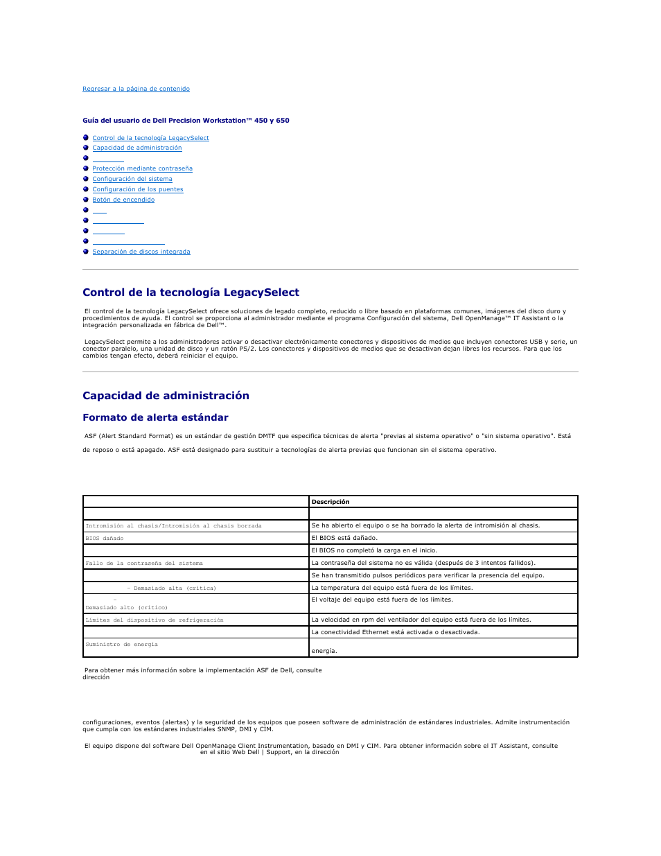 Funciones avanzadas, Control de la tecnología legacyselect, Capacidad de administración | Formato de alerta estándar, Dell openmanage it assistant, Dell openmanage client instrumentation | Dell Precision 650 User Manual | Page 13 / 158