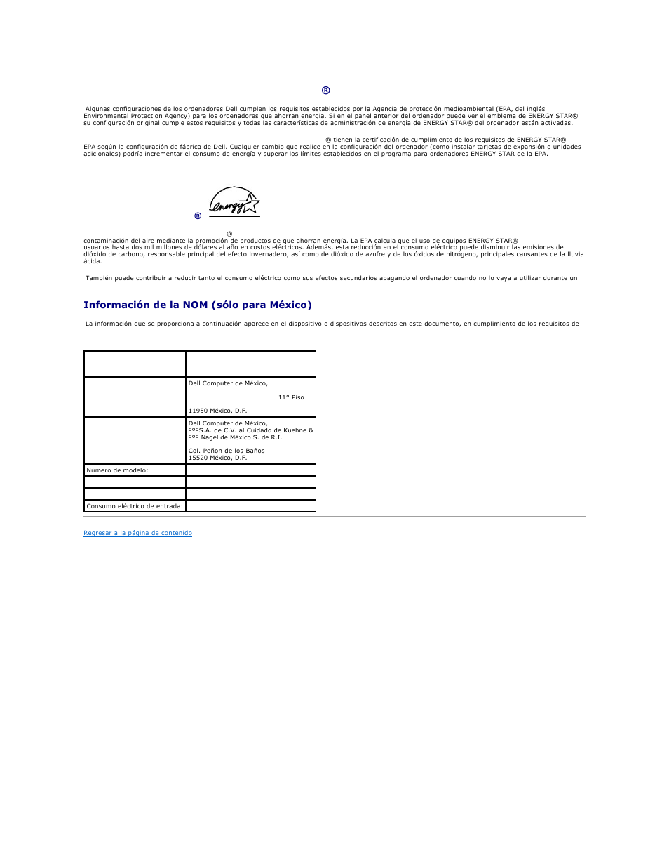 Conformidad de energy star, Información de la nom (sólo para méxico), Conformidad con el programa energy star | Dell Precision 650 User Manual | Page 132 / 158