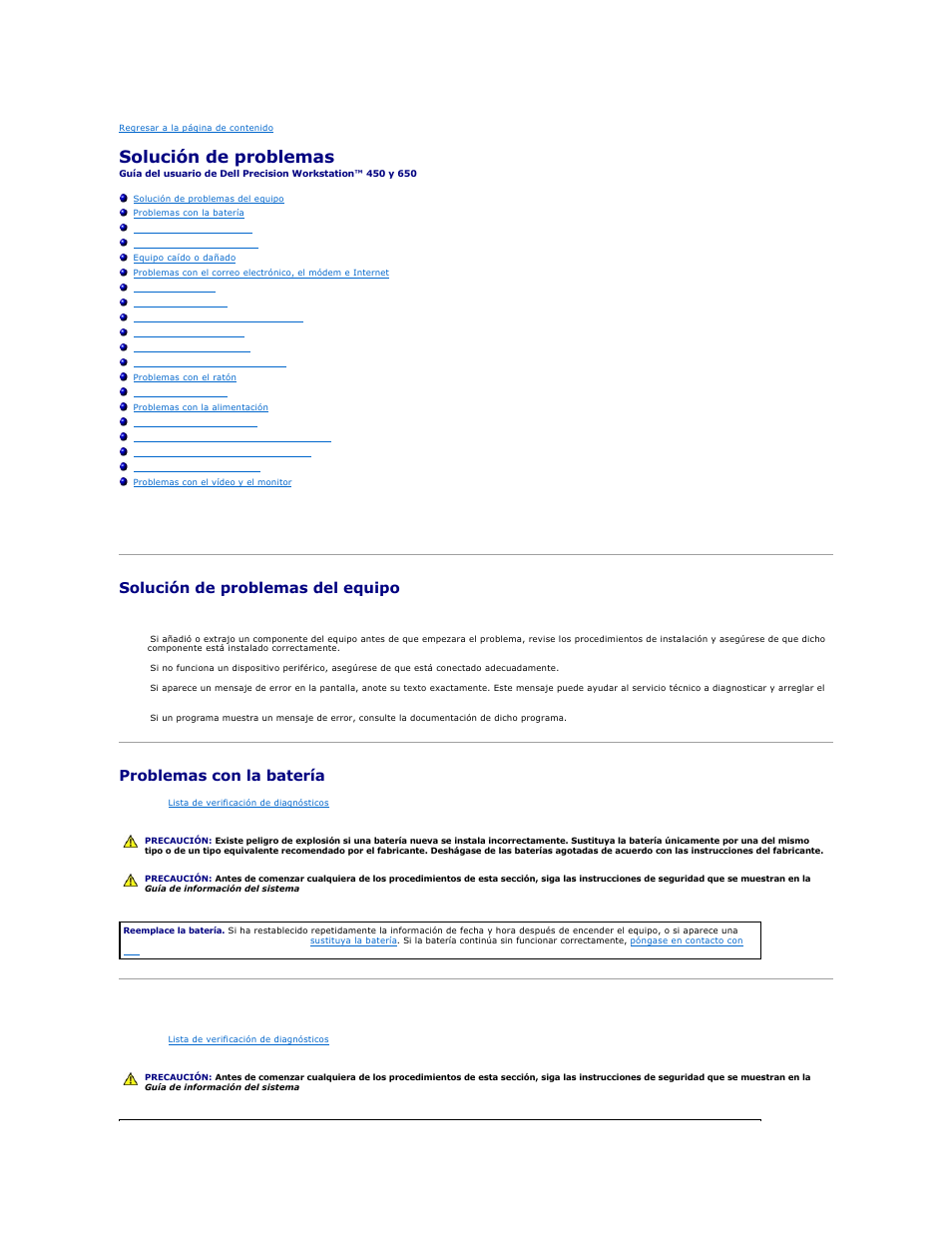 Solución de problemas, Solución de problemas del equipo, Problemas con la batería | Problemas con las tarjetas | Dell Precision 650 User Manual | Page 133 / 158