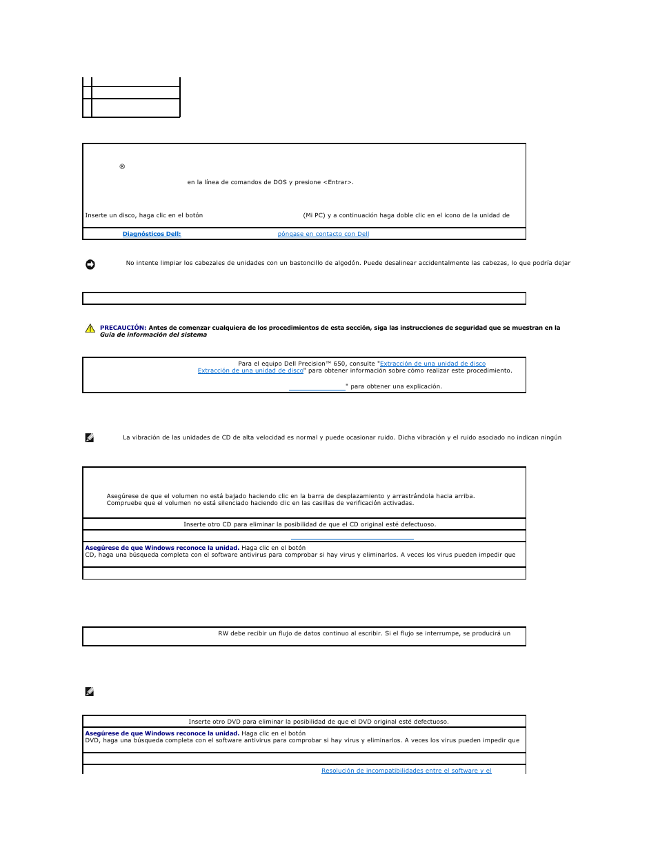 Problemas con la unidad de cd, Problemas al escribir en una unidad de cd-rw, Problemas con la unidad de dvd | Dell Precision 650 User Manual | Page 135 / 158