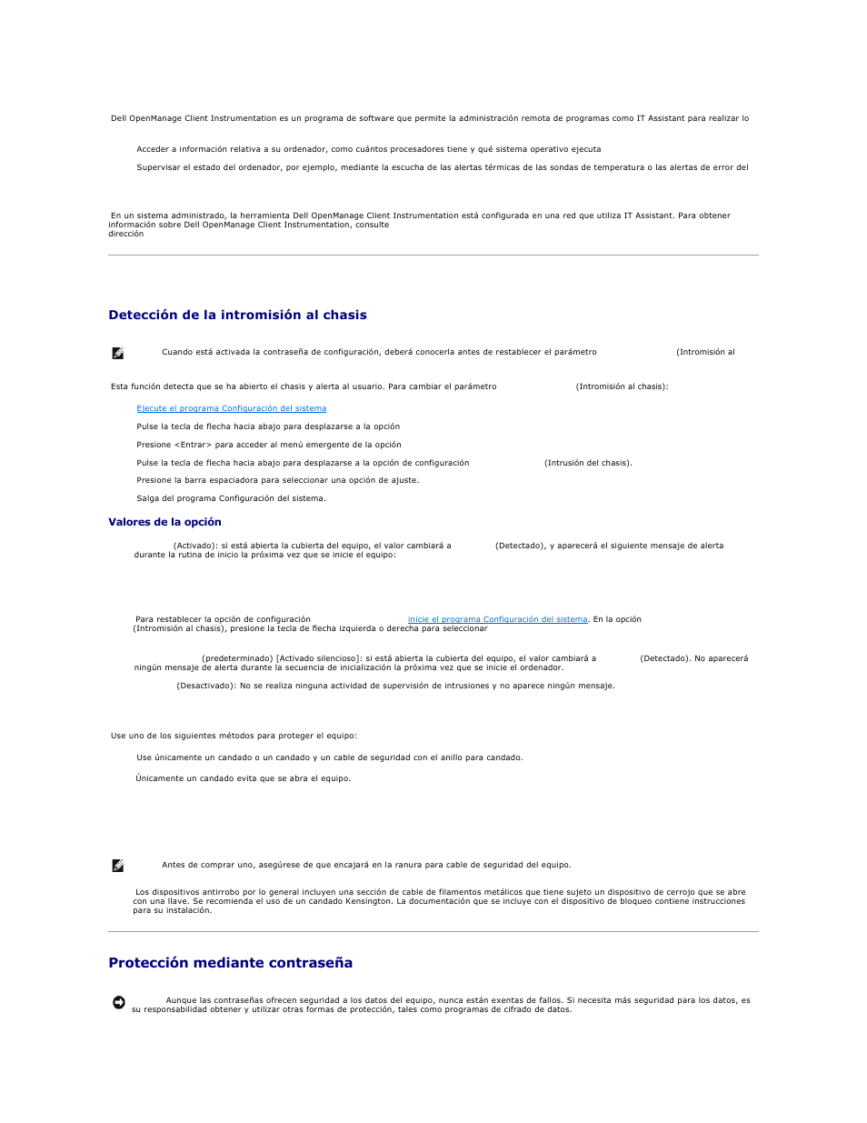 Seguridad, Protección mediante contraseña, Detección de la intromisión al chasis | Dell Precision 650 User Manual | Page 14 / 158