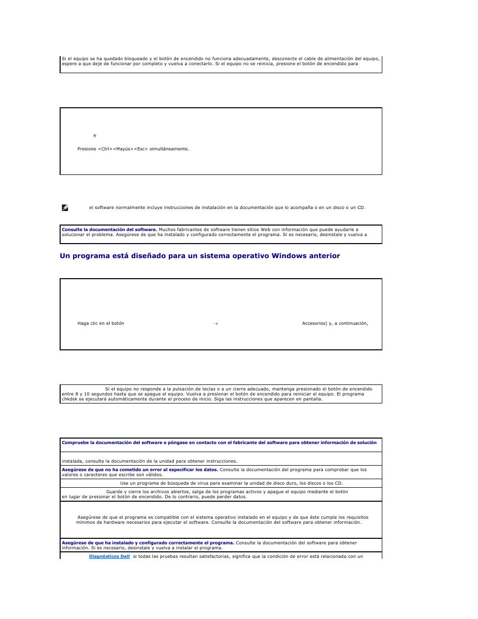 Un programa deja de responder, Un programa se bloquea repetidamente, Aparece una pantalla de color azul | Otros problemas de software | Dell Precision 650 User Manual | Page 141 / 158