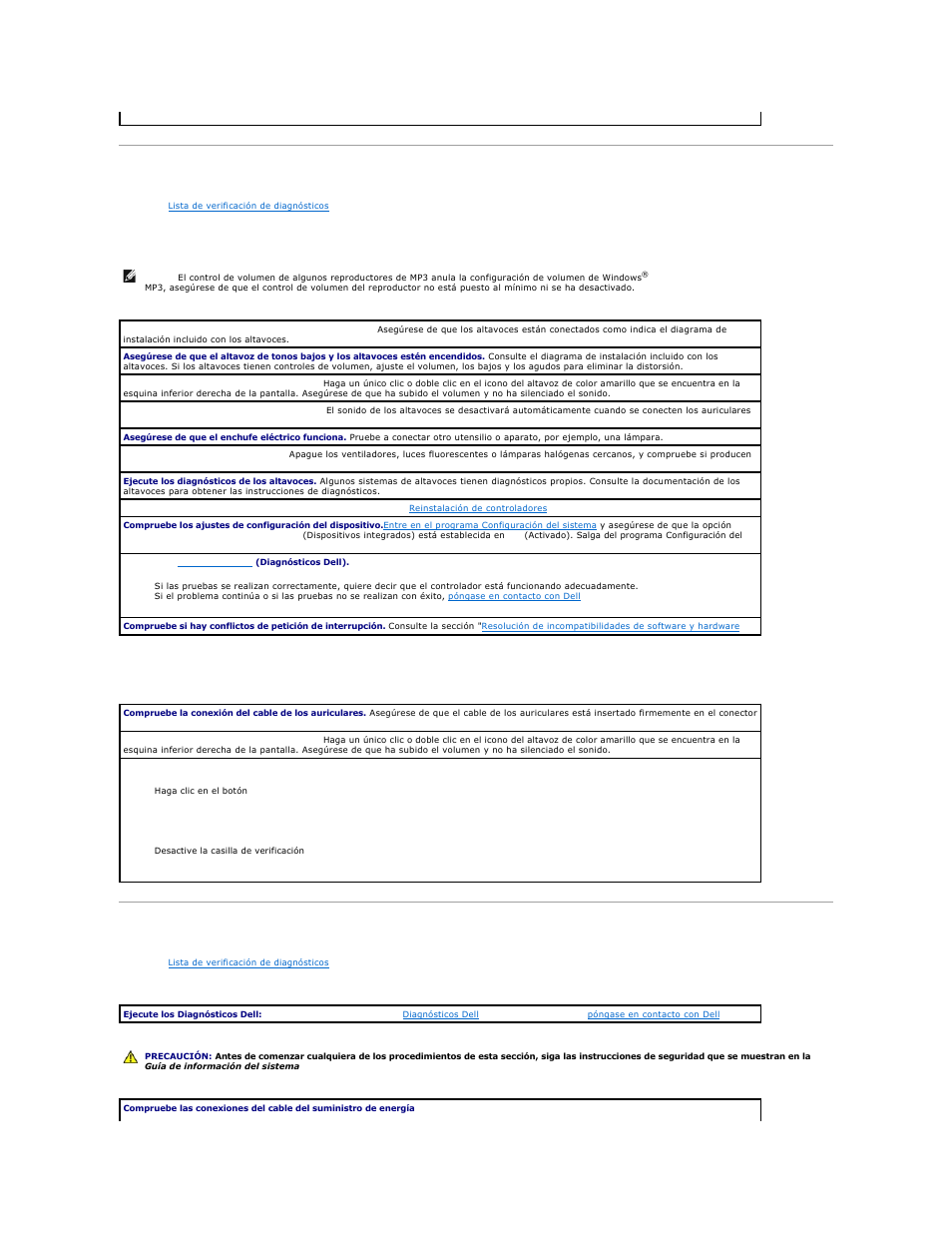 Problemas con el sonido y los altavoces, Problemas con la placa base, Consulte | Los altavoces no emiten sonido, Los auriculares no emiten sonido | Dell Precision 650 User Manual | Page 147 / 158