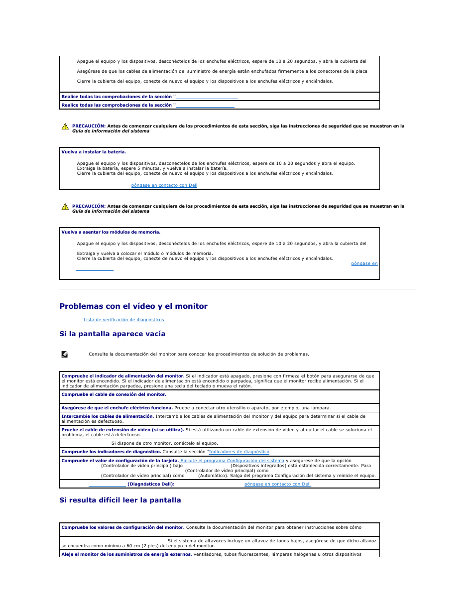 Problemas con el vídeo y el monitor, Si la pantalla aparece vacía, Si resulta difícil leer la pantalla | Dell Precision 650 User Manual | Page 148 / 158