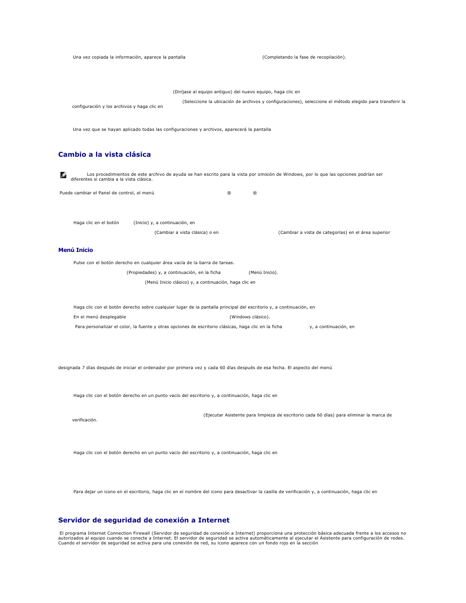 Cambio a la vista clásica, Asistente para limpieza de escritorio, Servidor de seguridad de conexión a internet | Dell Precision 650 User Manual | Page 157 / 158