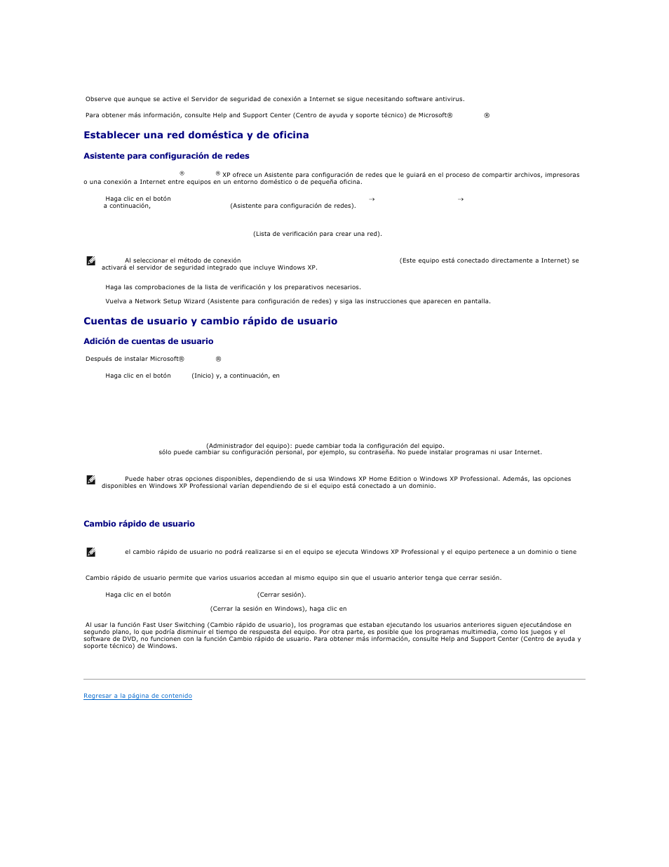 Establecer una red doméstica y de oficina, Cuentas de usuario y cambio rápido de usuario | Dell Precision 650 User Manual | Page 158 / 158