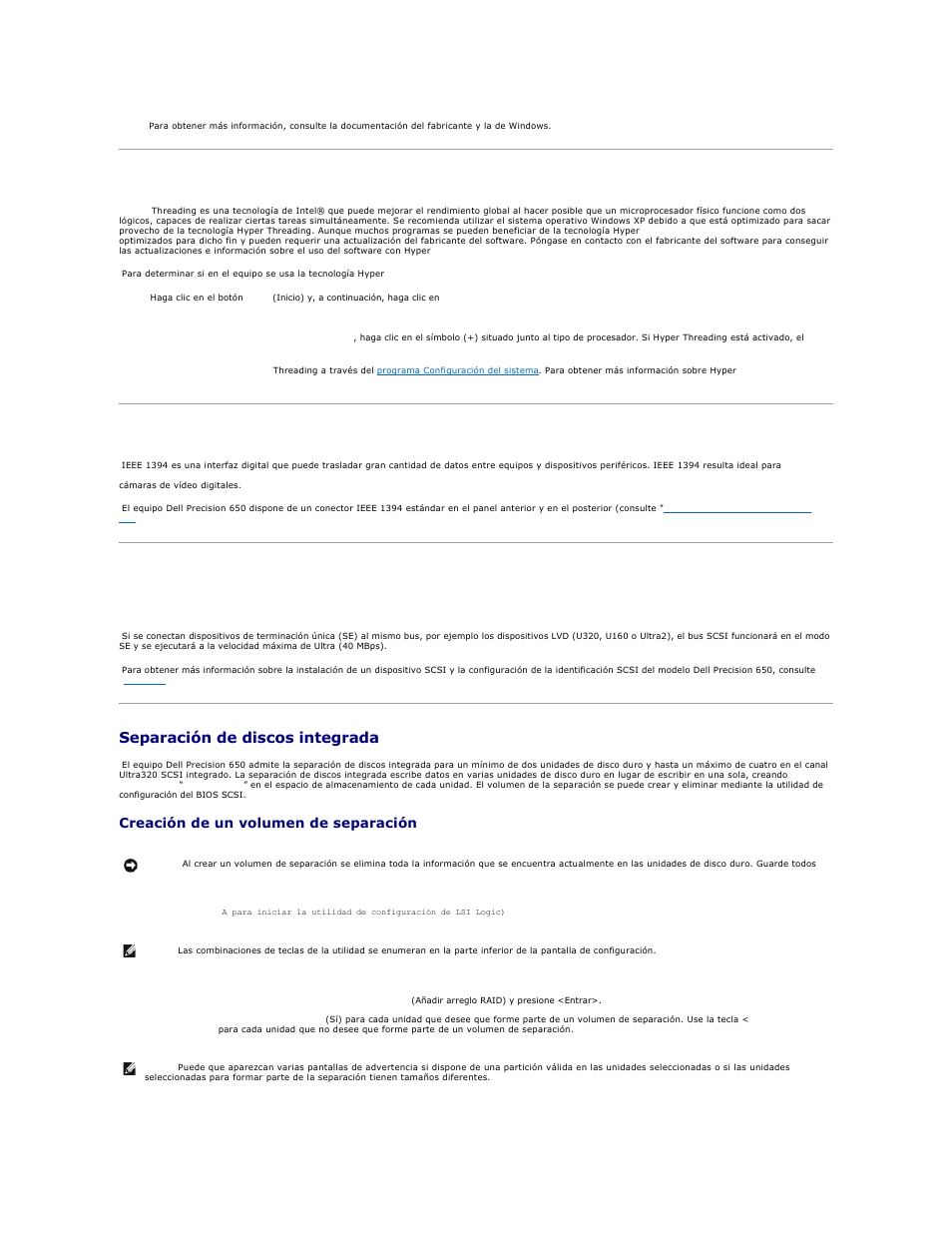 Hyper-threading, Ieee 1394, Controlador scsi u320 | Separación de discos integrada, Creación de un volumen de separación | Dell Precision 650 User Manual | Page 24 / 158