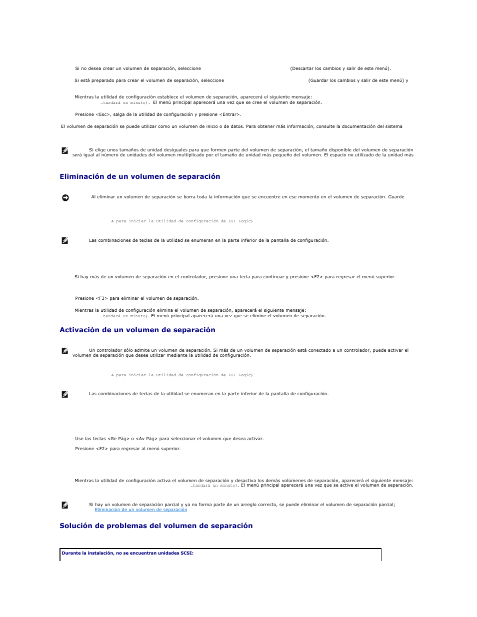 Eliminación de un volumen de separación, Activación de un volumen de separación, Solución de problemas del volumen de separación | Dell Precision 650 User Manual | Page 25 / 158