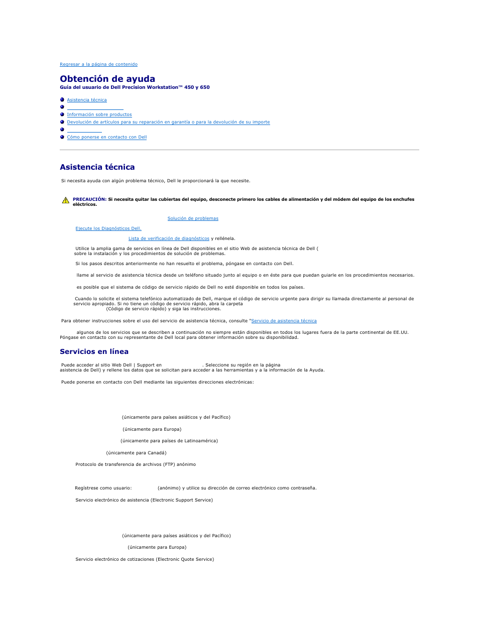 Obtención de ayuda, Asistencia técnica, Servicios en línea | Dell Precision 650 User Manual | Page 37 / 158