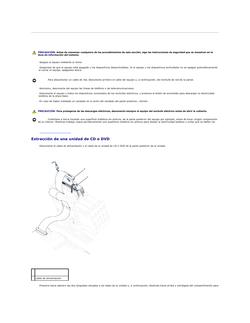 Unidad de cd o dvd, Extracción de una unidad de cd o dvd | Dell Precision 650 User Manual | Page 63 / 158