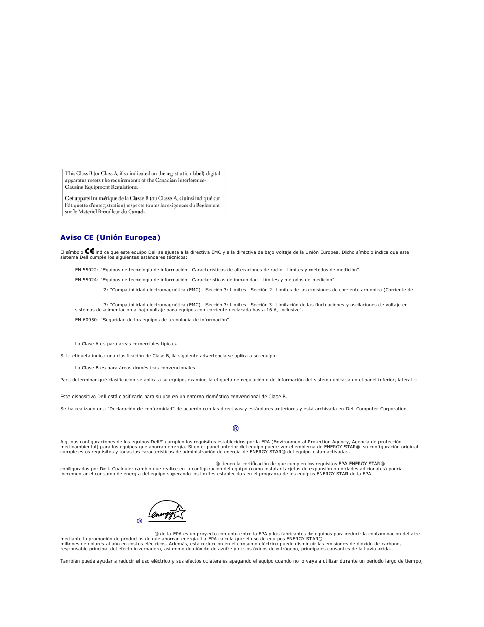 Ic notice (canada only), Aviso ce (unión europea), Conformidad con el programa energy star | Dell Precision 650 User Manual | Page 68 / 158