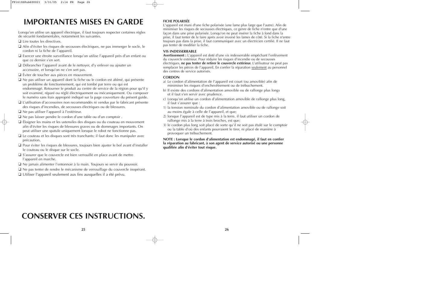 Importantes mises en garde, Conserver ces instructions | Black & Decker FP1610 User Manual | Page 14 / 23