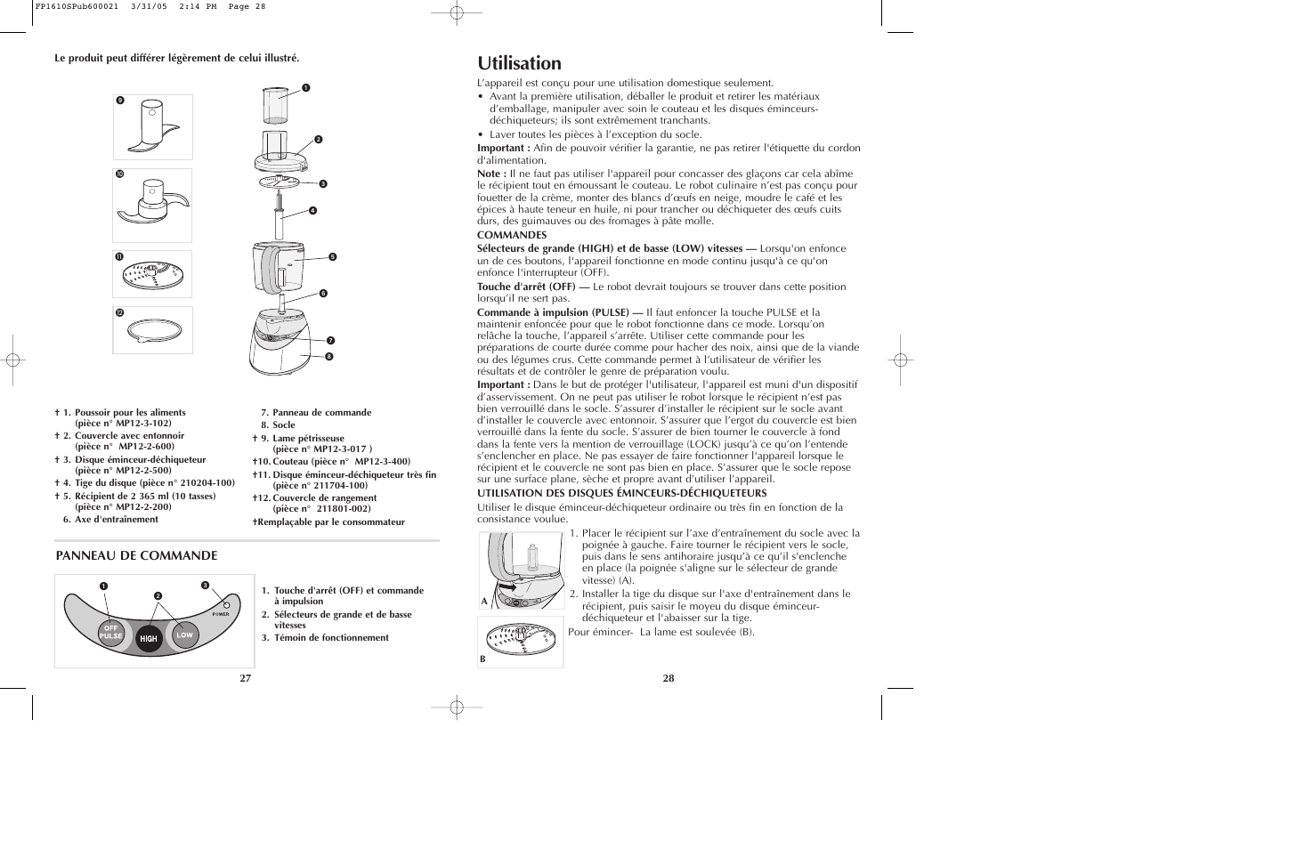 Utilisation, Panneau de commande | Black & Decker FP1610 User Manual | Page 15 / 23