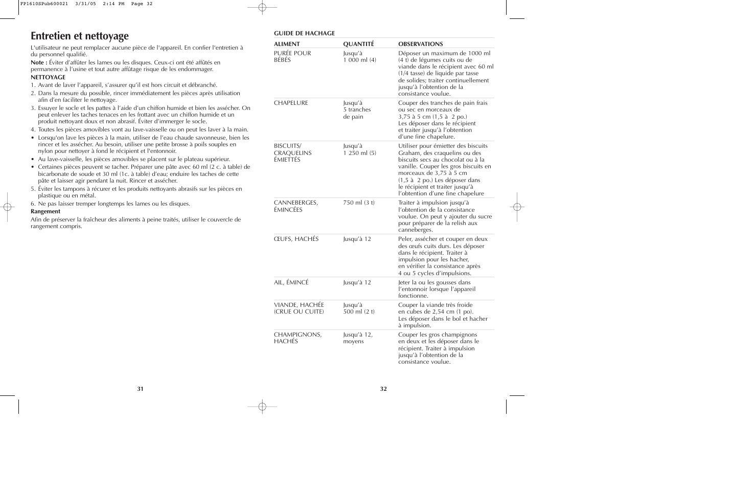 Entretien et nettoyage | Black & Decker FP1610 User Manual | Page 17 / 23