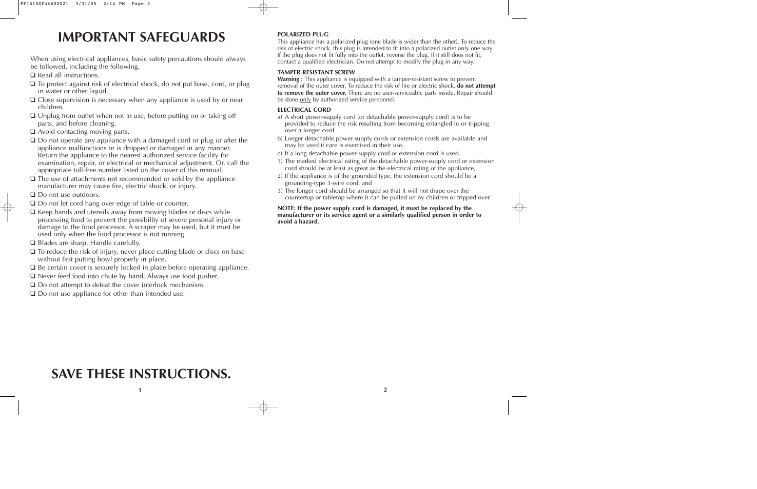 Important safeguards save these instructions | Black & Decker FP1610 User Manual | Page 2 / 23