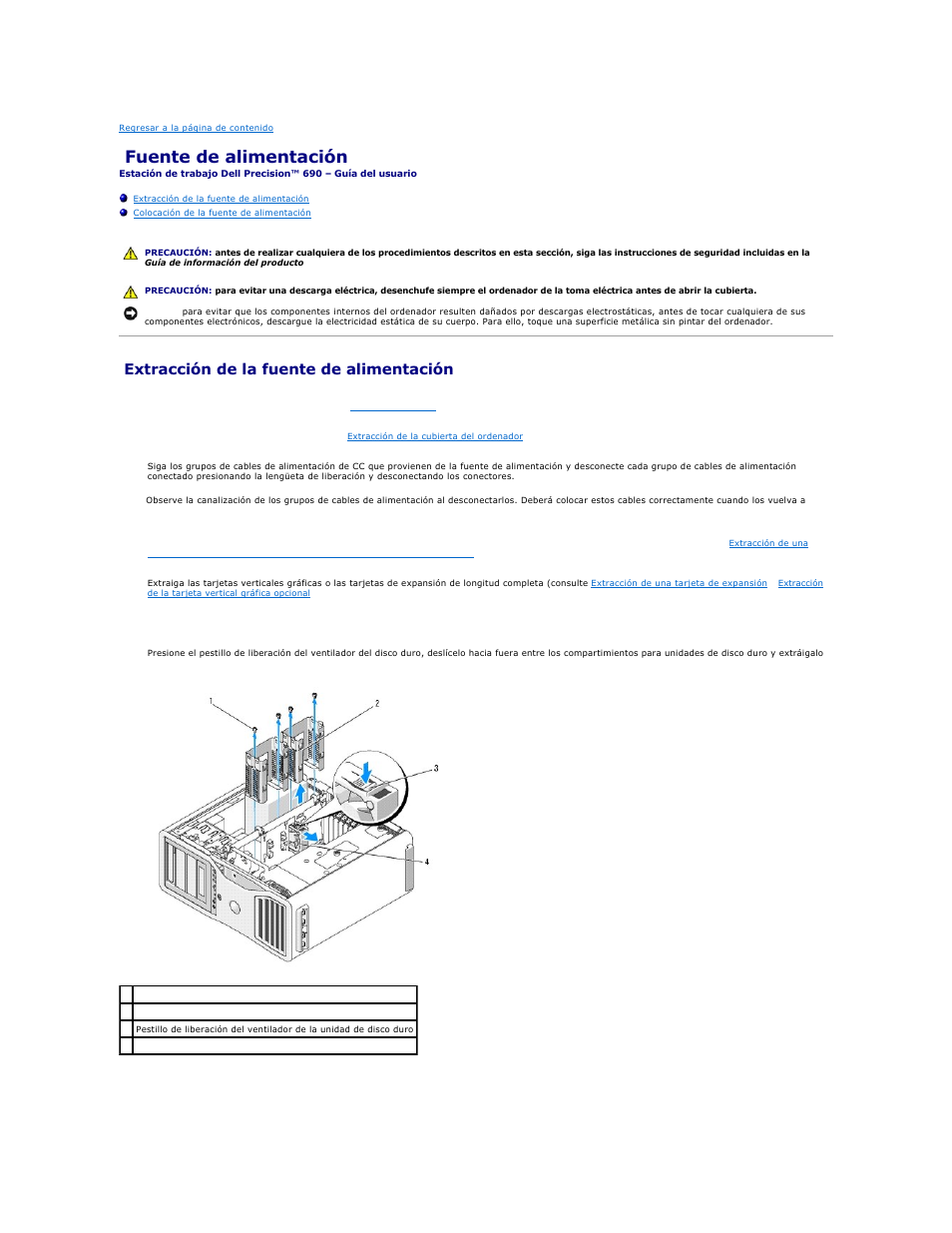 Fuente de alimentación, Extracción de la fuente de alimentación | Dell Precision 690 User Manual | Page 124 / 173