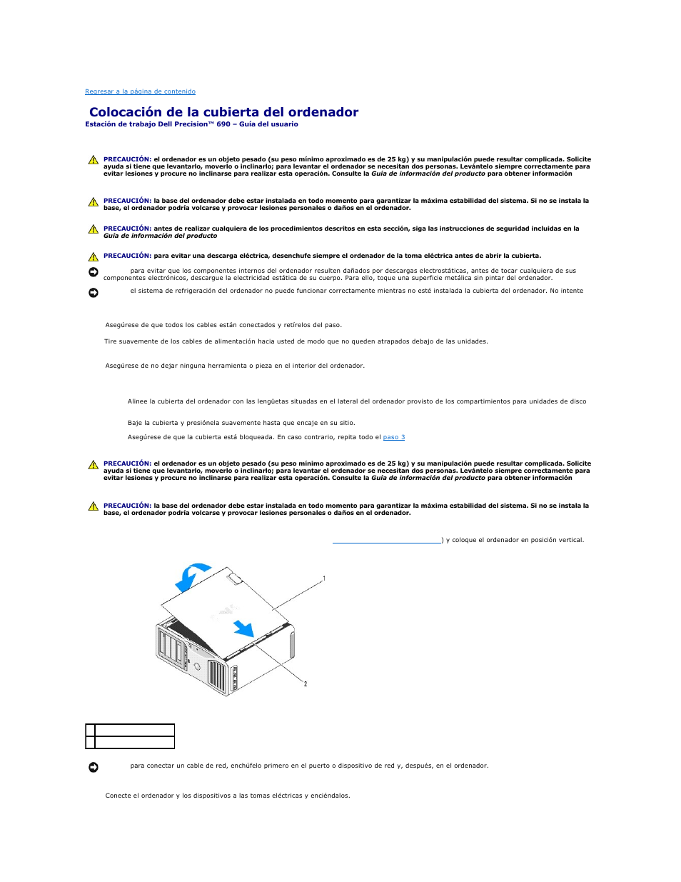 Colocación de la cubierta del ordenador | Dell Precision 690 User Manual | Page 128 / 173