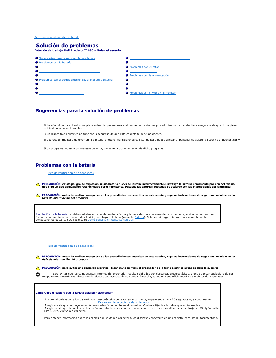 Solución de problemas, Sugerencias para la solución de problemas, Problemas con la batería | Problemas con las tarjetas | Dell Precision 690 User Manual | Page 156 / 173