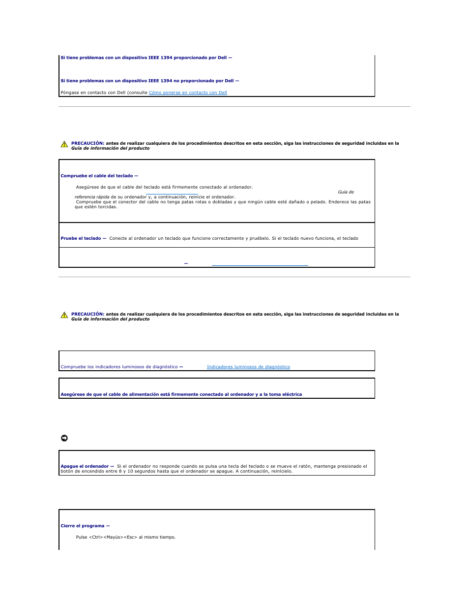 Problemas con el teclado, Bloqueos y problemas de software, El ordenador no se enciende | El ordenador no responde, Un programa no responde | Dell Precision 690 User Manual | Page 160 / 173