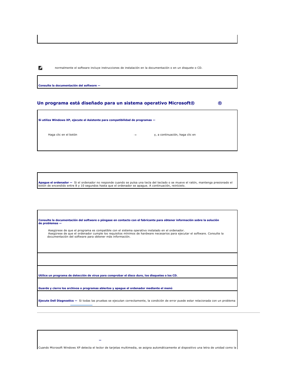 Problemas con el lector de tarjetas multimedia, Un programa se bloquea repetidamente, Aparece una pantalla azul | Otros problemas de software | Dell Precision 690 User Manual | Page 161 / 173