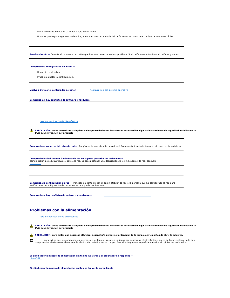 Problemas con la red, Problemas con la alimentación | Dell Precision 690 User Manual | Page 163 / 173