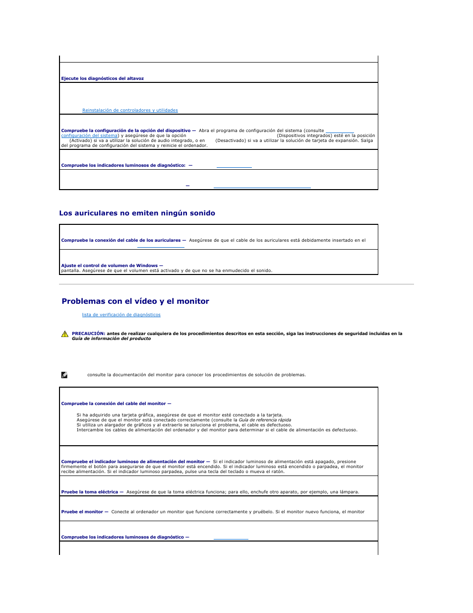 Problemas con el vídeo y el monitor, Los auriculares no emiten ningún sonido, La pantalla aparece en blanco | Dell Precision 690 User Manual | Page 166 / 173