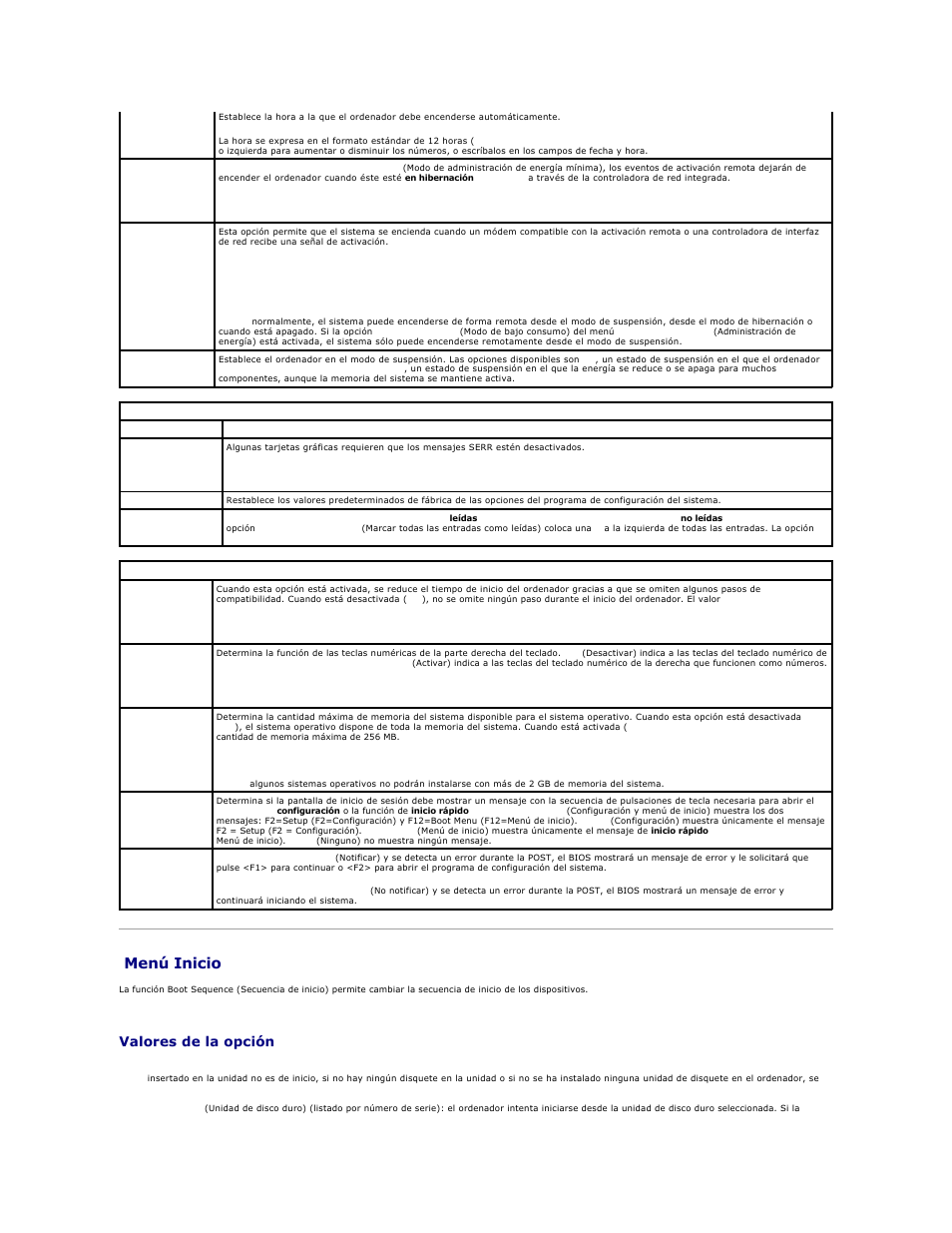 Menú inicio, Valores de la opción | Dell Precision 690 User Manual | Page 17 / 173