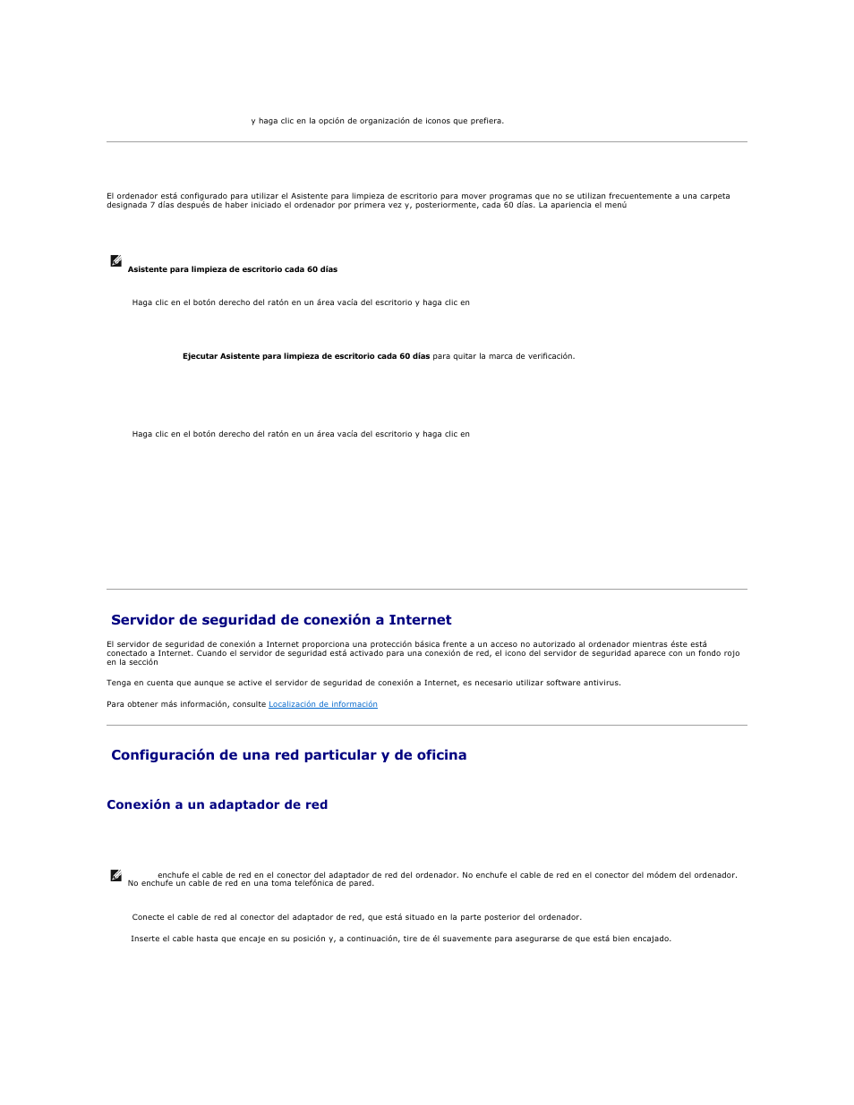 Asistente para limpieza de escritorio, Servidor de seguridad de conexión a internet, Configuración de una red particular y de oficina | Conexión a un adaptador de red | Dell Precision 690 User Manual | Page 172 / 173