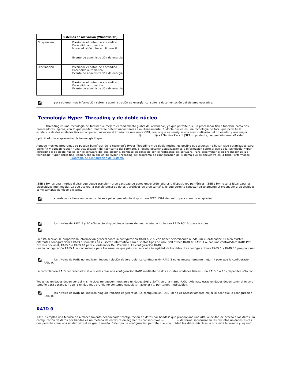 Tecnología hyper, Threading y de doble núcleo, Ieee 1394 | Configuraciones raid, Tecnología hyper -threading y de doble núcleo, Raid 0 | Dell Precision 690 User Manual | Page 21 / 173