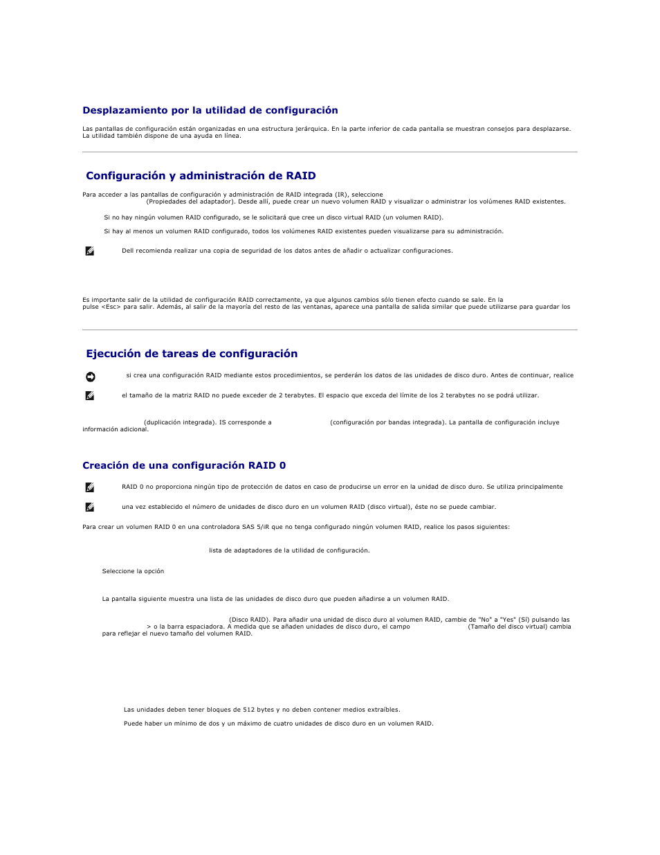 Configuración y administración de raid, Ejecución de tareas de configuración, Desplazamiento por la utilidad de configuración | Pantalla de salida, Creación de una configuración raid 0 | Dell Precision 690 User Manual | Page 24 / 173