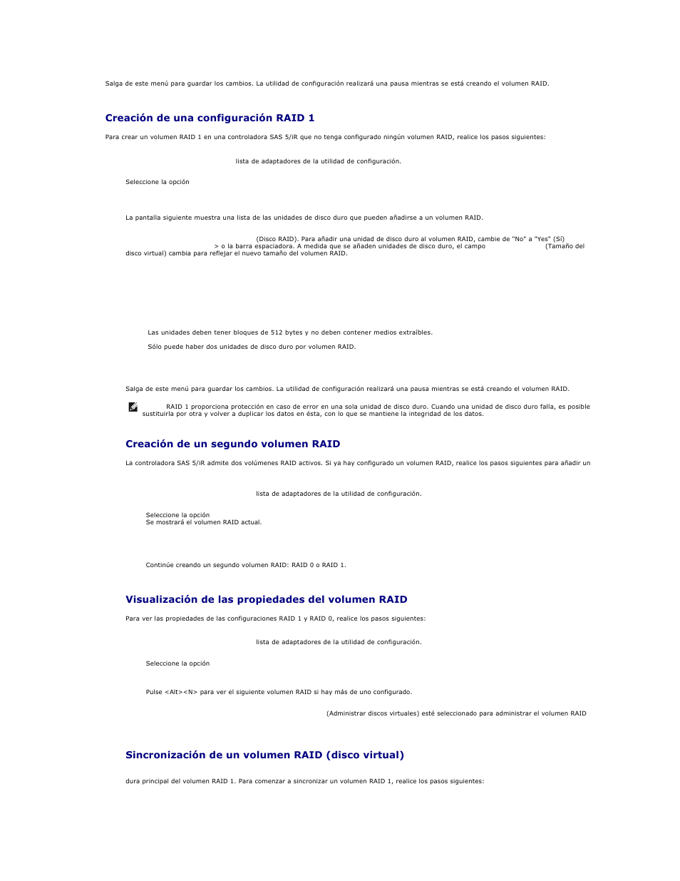 Creación de una configuración raid 1, Creación de un segundo volumen raid, Visualización de las propiedades del volumen raid | Sincronización de un volumen raid (disco virtual) | Dell Precision 690 User Manual | Page 25 / 173