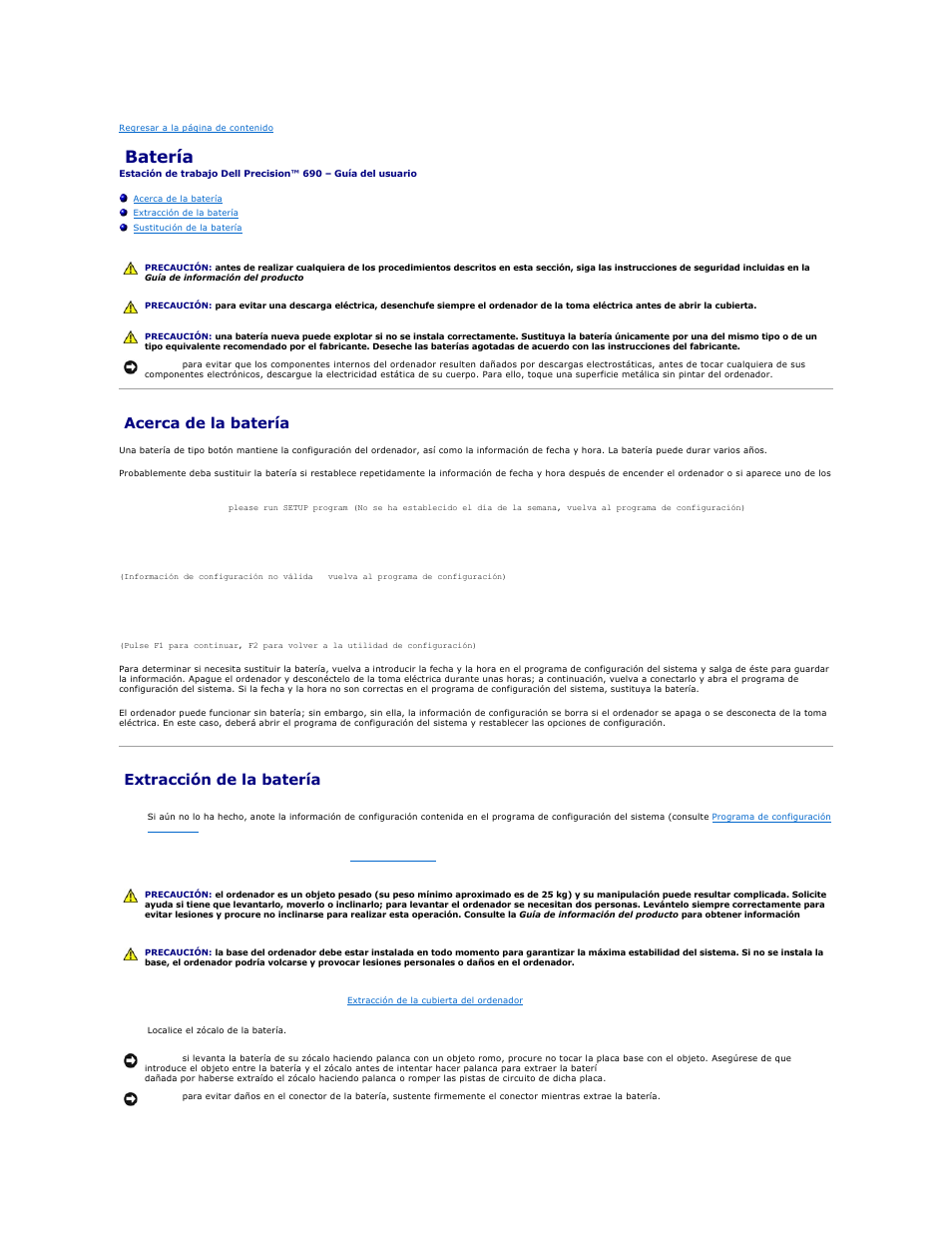 Batería, Acerca de la batería, Extracción de la batería | Dell Precision 690 User Manual | Page 27 / 173