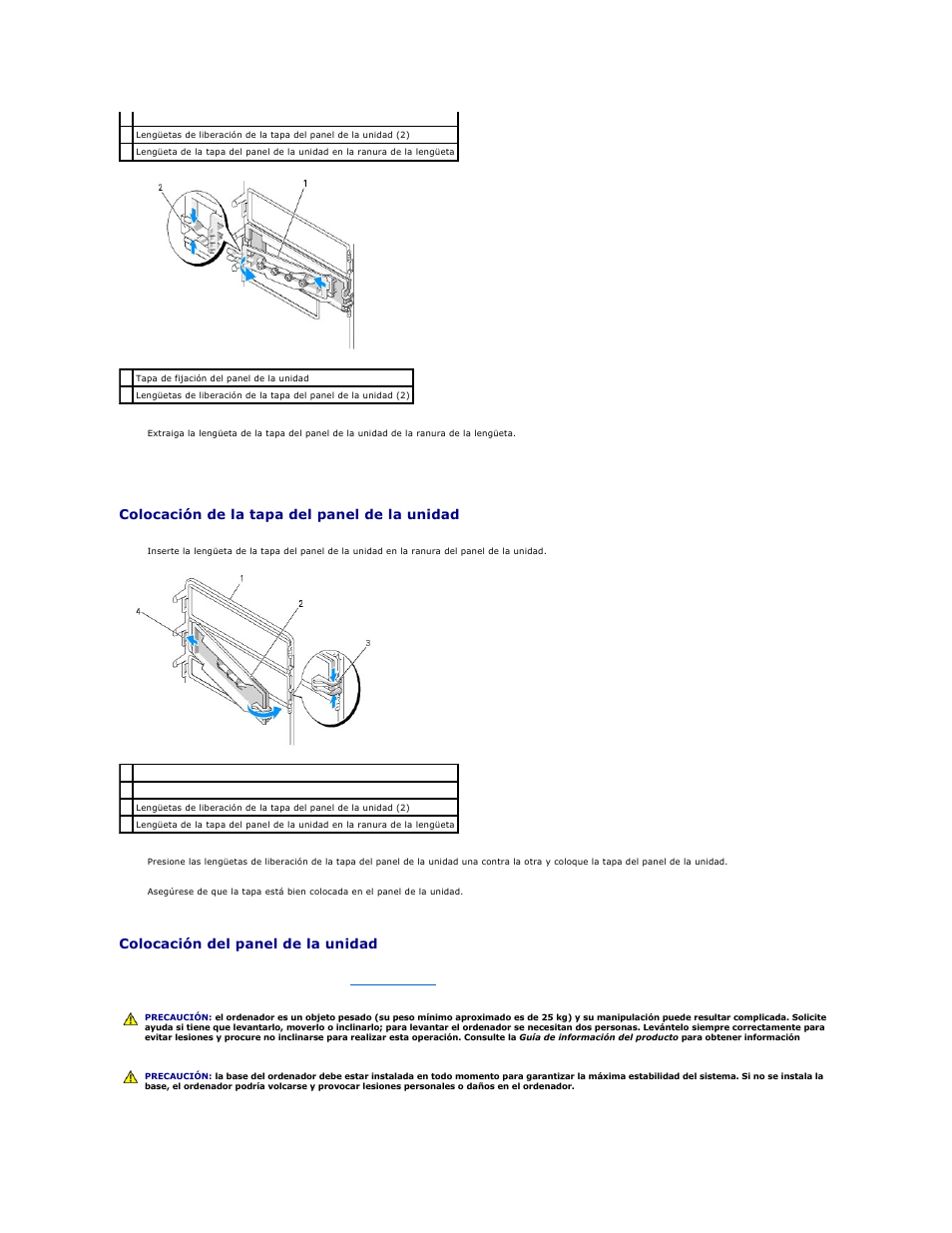 Colocación de la tapa del panel, De la unidad, Vuelva a colocar el panel de la unidad (consulte | Colocación del panel de la unidad, Colocación de la tapa del panel de la unidad | Dell Precision 690 User Manual | Page 67 / 173