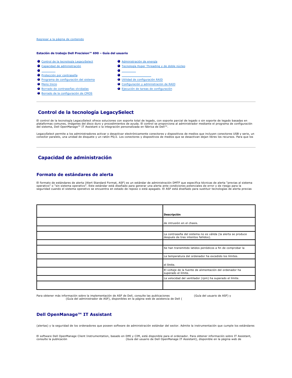 Funciones avanzadas, Control de la tecnología legacyselect, Capacidad de administración | Formato de estándares de alerta, Dell openmanage™ it assistant | Dell Precision 690 User Manual | Page 8 / 173