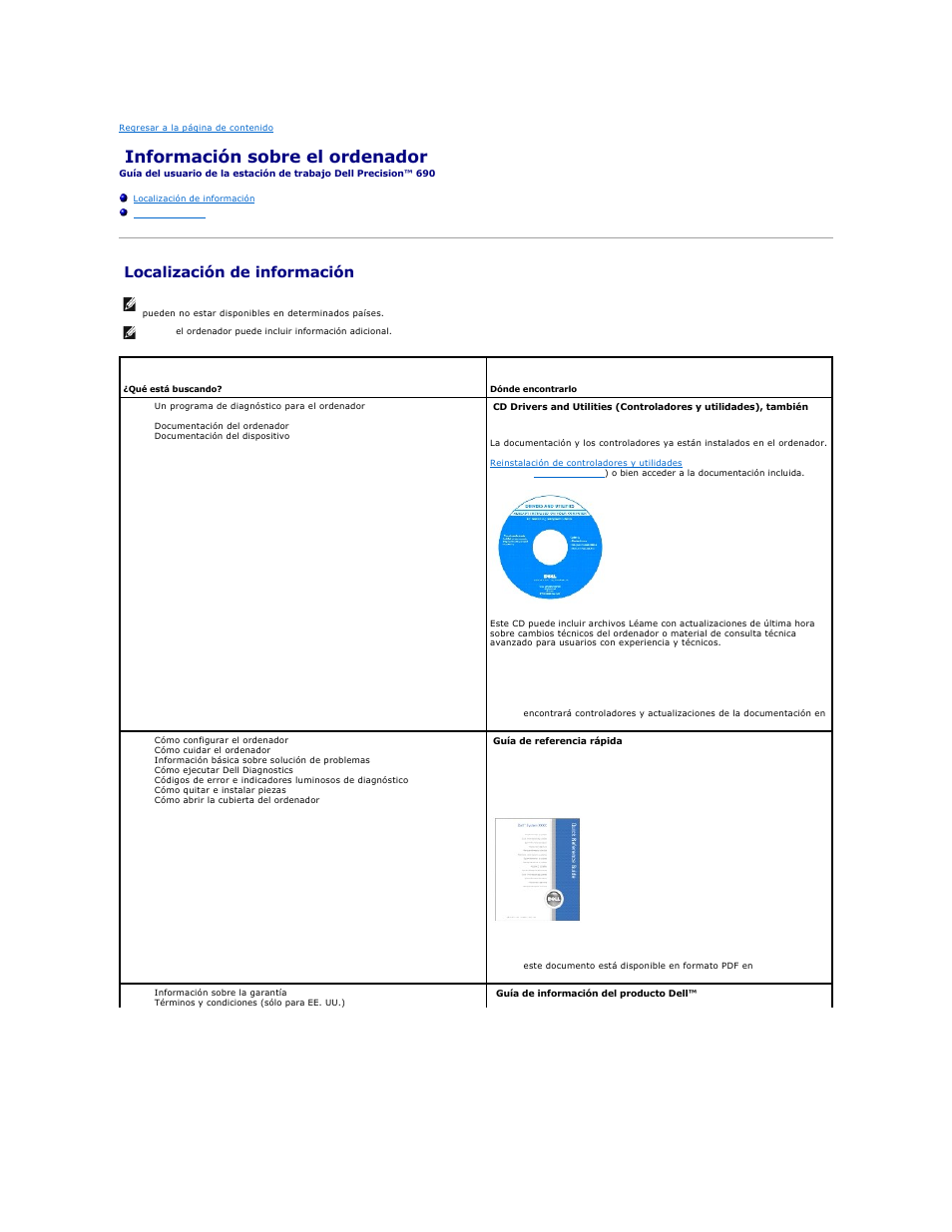 Información sobre el ordenador, Localización de información | Dell Precision 690 User Manual | Page 81 / 173