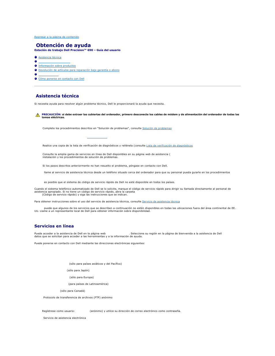 Obtención de ayuda, Asistencia técnica, Servicios en línea | Dell Precision 690 User Manual | Page 87 / 173