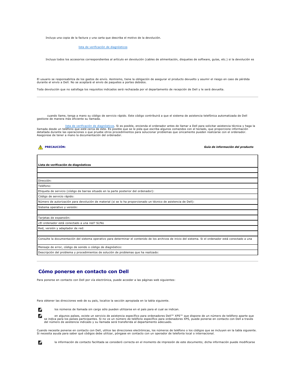 Antes de llamar, Cómo ponerse en contacto con dell, Lista de verificación de diagnósticos | Cómo ponerse en contacto, Con dell, Indica en, Cómo, Ponerse en contacto con dell, Cómo ponerse en contacto con, Dell | Dell Precision 690 User Manual | Page 89 / 173