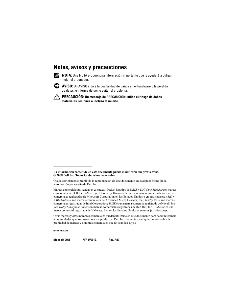 Notas, avisos y precauciones | Dell PowerEdge M605 User Manual | Page 70 / 90