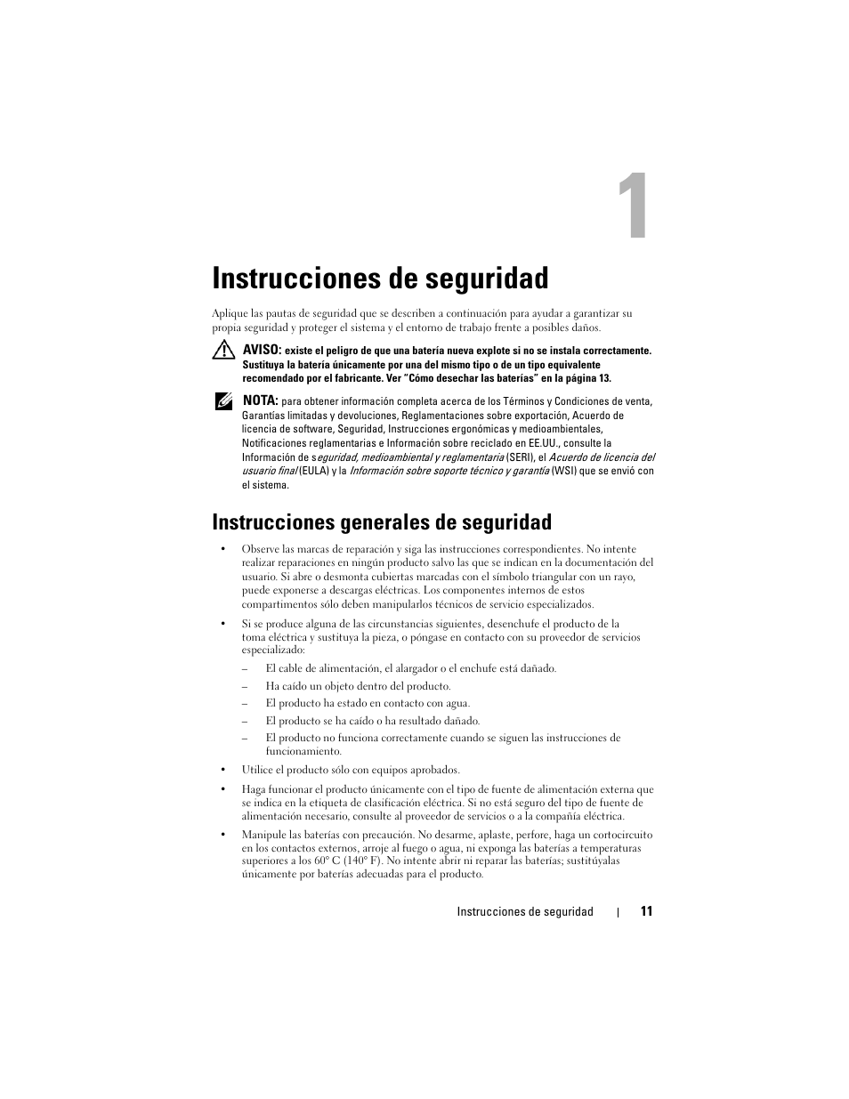 Instrucciones de seguridad, Instrucciones generales de seguridad | Dell PowerEdge RAID Controller H700 User Manual | Page 11 / 200