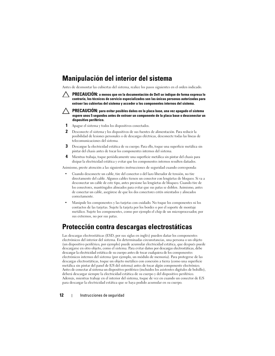 Manipulación del interior del sistema, Protección contra descargas electrostáticas | Dell PowerEdge RAID Controller H700 User Manual | Page 12 / 200