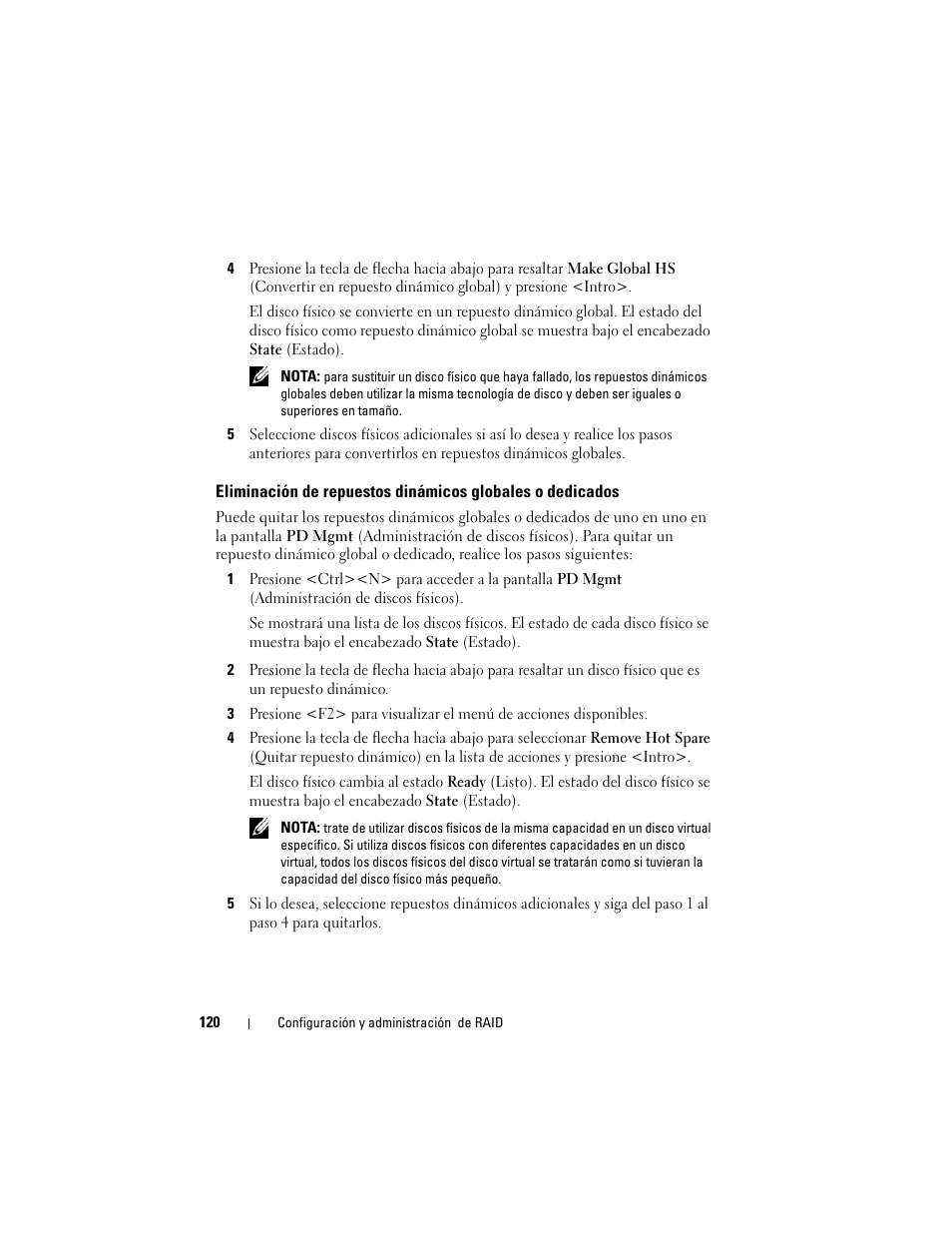 Eliminación de repuestos dinámicos globales, O dedicados | Dell PowerEdge RAID Controller H700 User Manual | Page 120 / 200