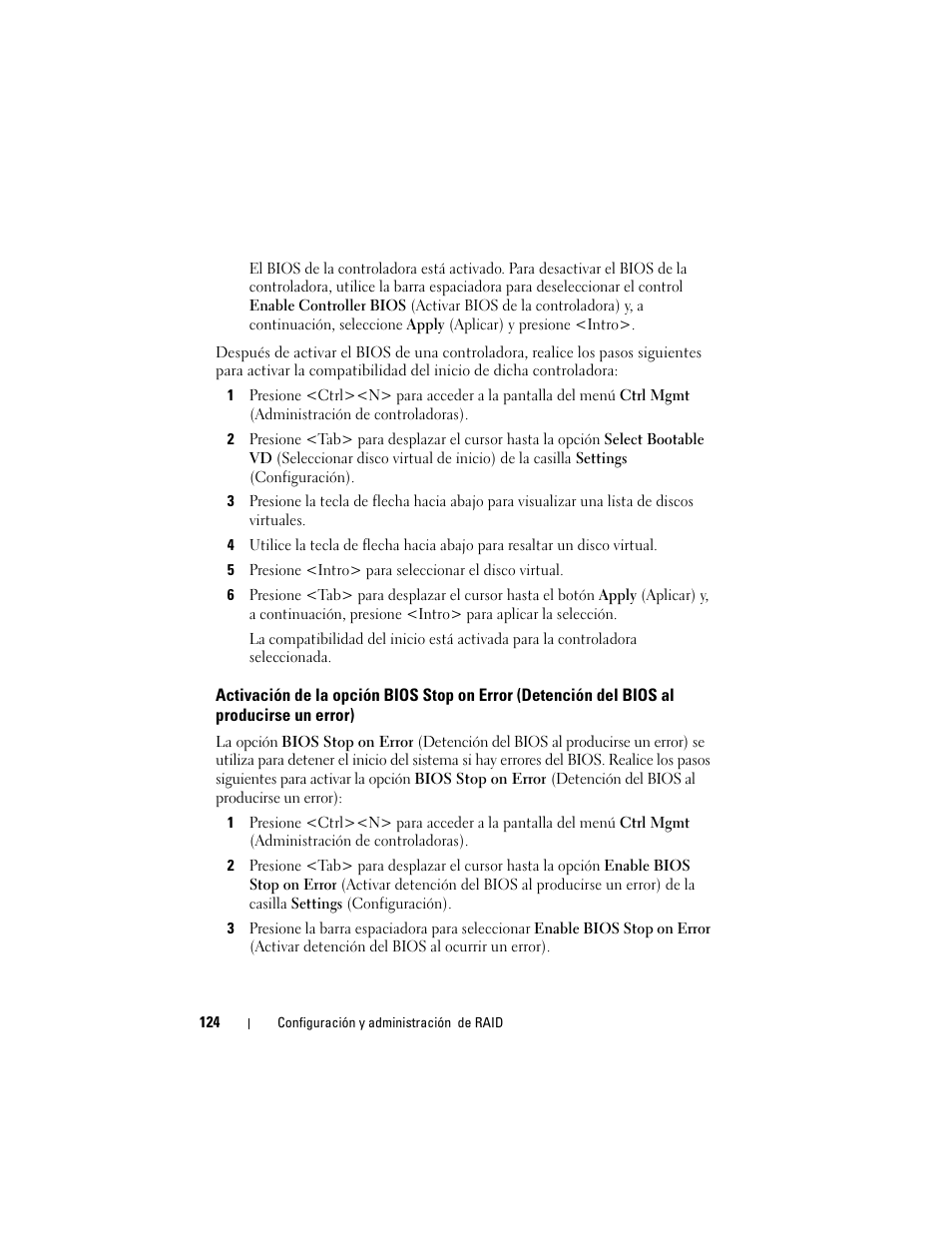 Activación de la opción bios stop on error, Detención del bios al producirse un error) | Dell PowerEdge RAID Controller H700 User Manual | Page 124 / 200