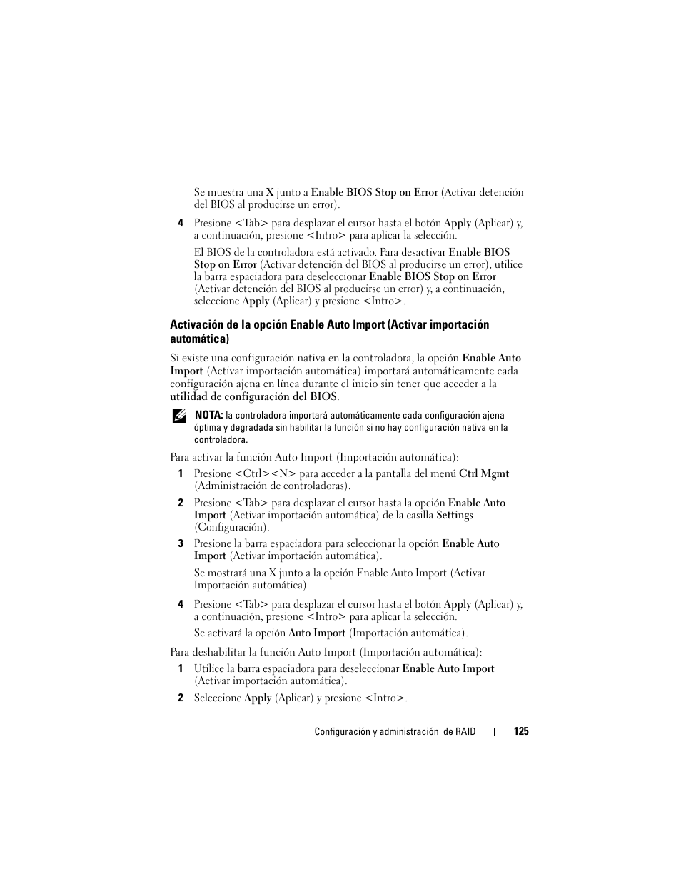 Activación de la opción enable auto import, Activar importación automática) | Dell PowerEdge RAID Controller H700 User Manual | Page 125 / 200