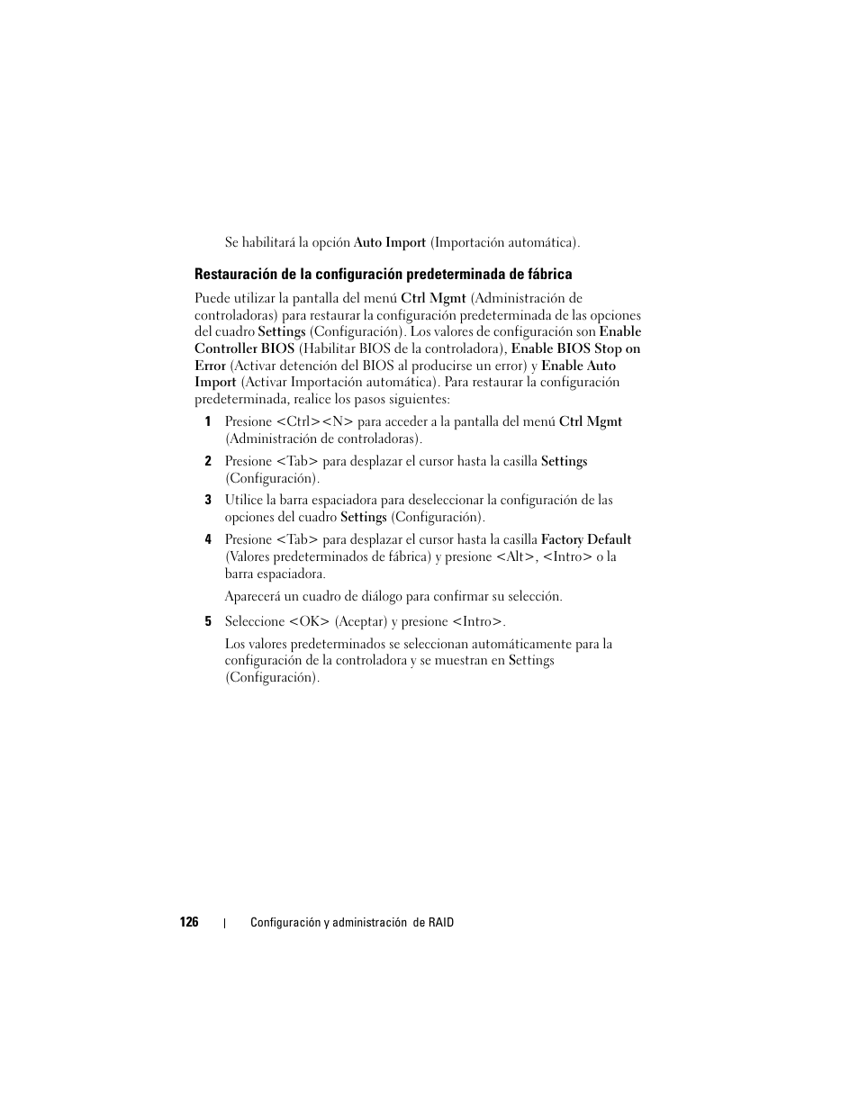 Restauración de la configuración, Predeterminada de fábrica | Dell PowerEdge RAID Controller H700 User Manual | Page 126 / 200