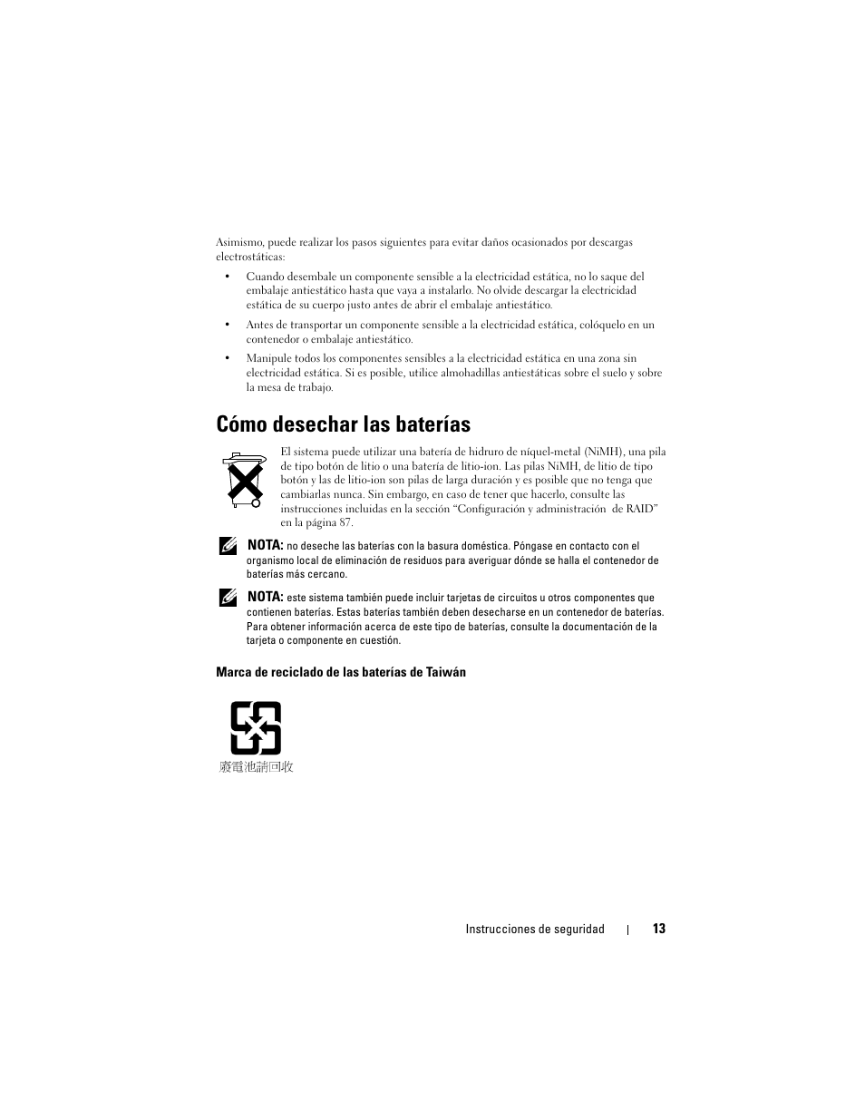 Cómo desechar las baterías | Dell PowerEdge RAID Controller H700 User Manual | Page 13 / 200