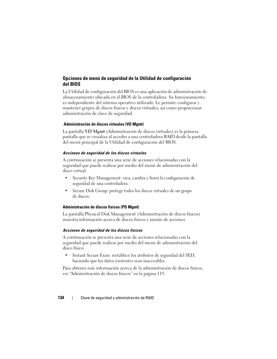 Opciones de menú de seguridad de la, Utilidad de configuración, Del bios | Dell PowerEdge RAID Controller H700 User Manual | Page 134 / 200